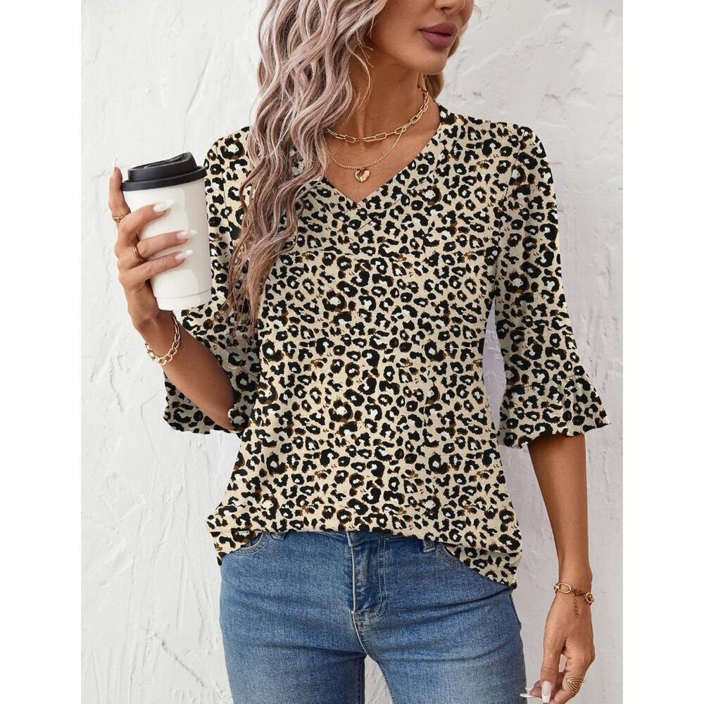 Womens V-Neck Eyelet Tunic Top 3/4 Sleeve Casual Dressy Summer Blouse - Picture 4 of 5